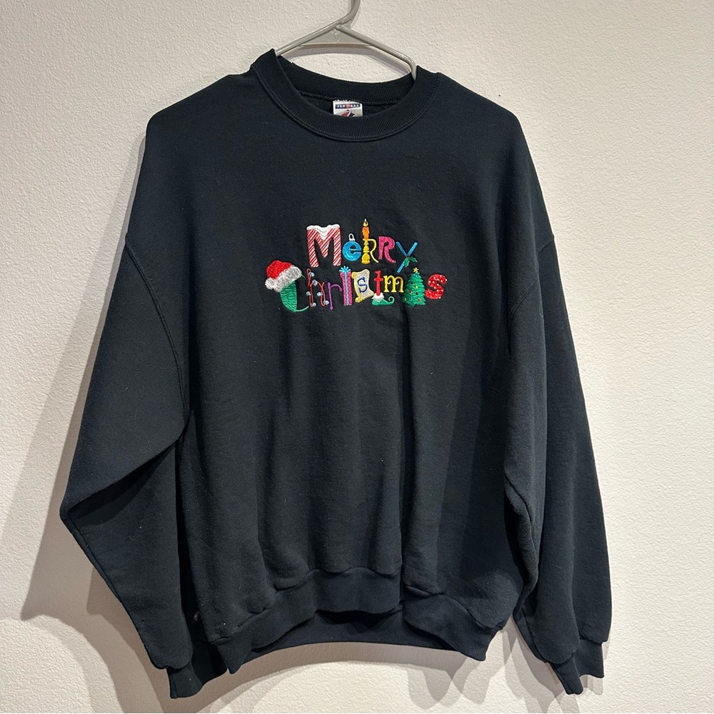 Vintage Jerzees Black NuBlend Embroidered Christmas Crewneck Size‎ Large